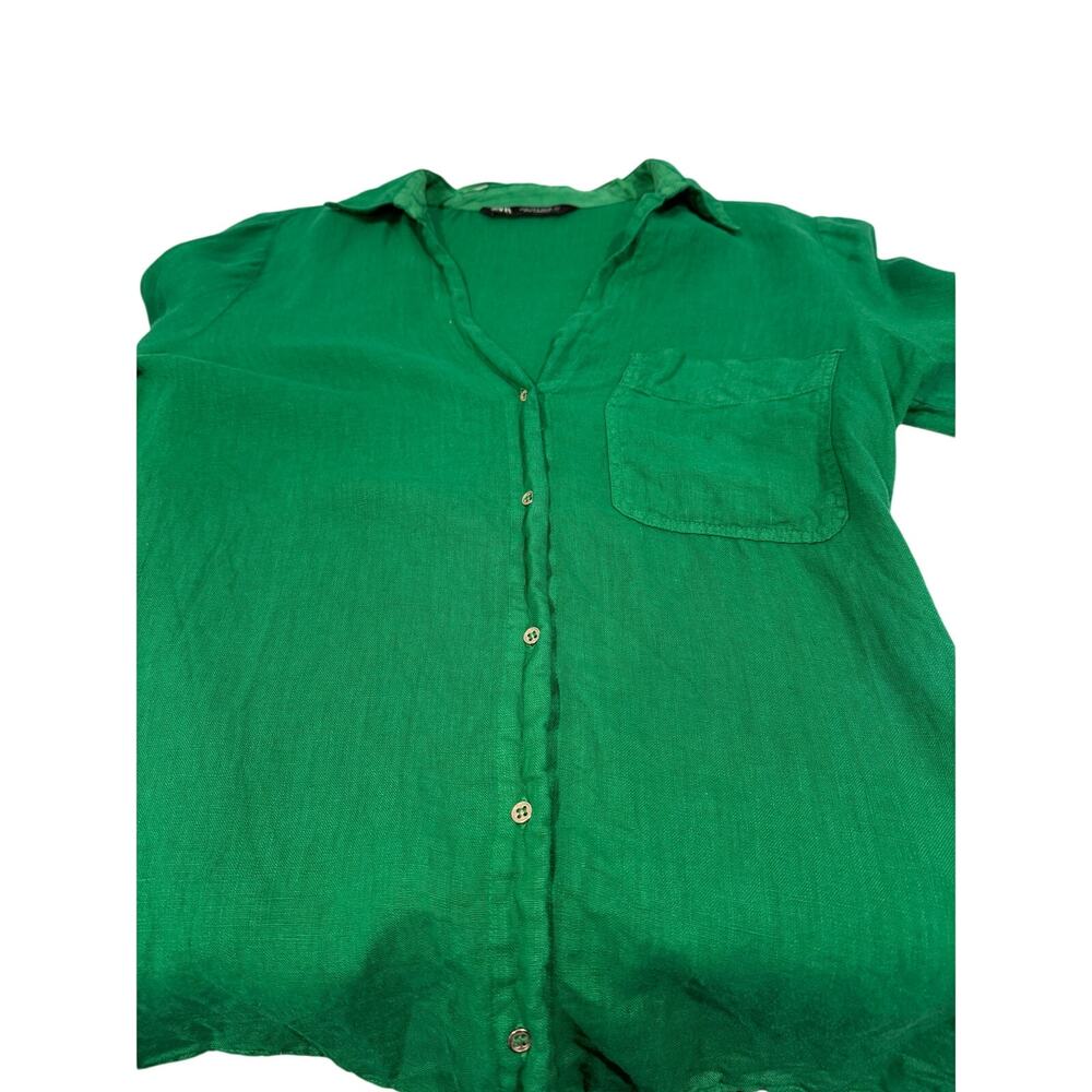 ZARA Emerald Green Linen Blend Gold Button Roll Up Tab Shirt Top S EUC - Picture 4 of 8
